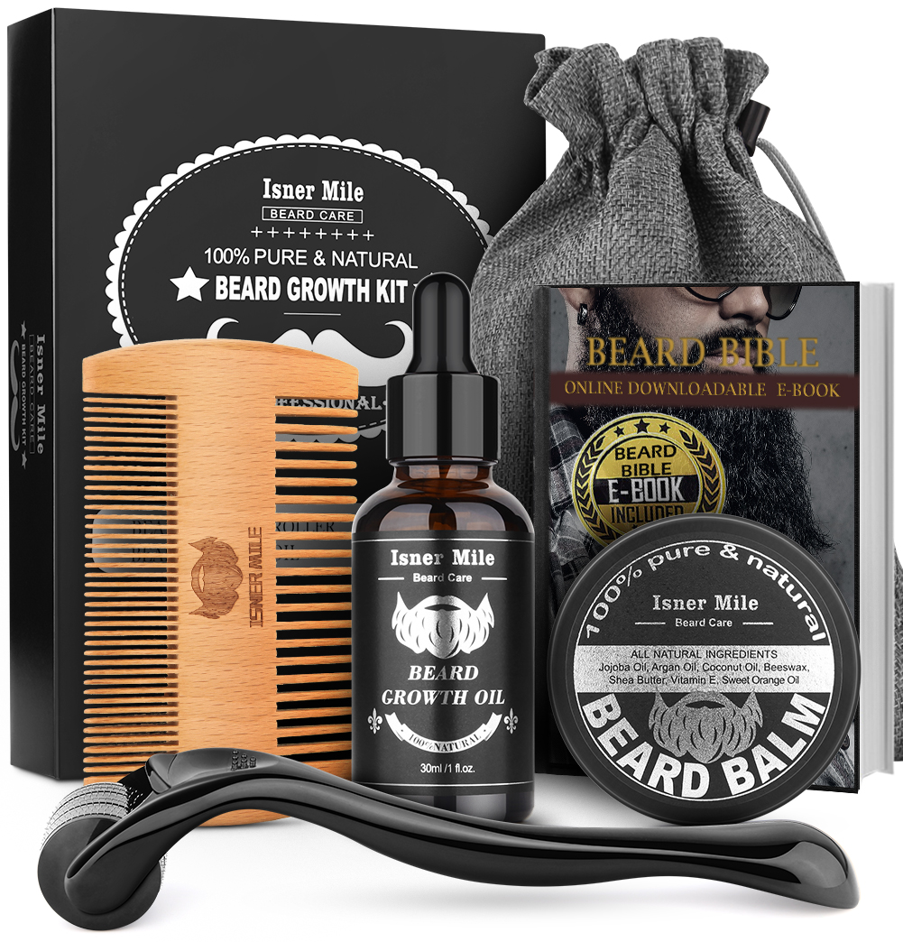 Beard Growth Kit, Beard Roller Kit for Beard & Mustache Facial Hair Growth,  Stimulate, Promote with Natural Beard Growth Oil, Balm, Comb, Storage Bag,  Best Gifts for Men Him Dad Father Boyfriend -